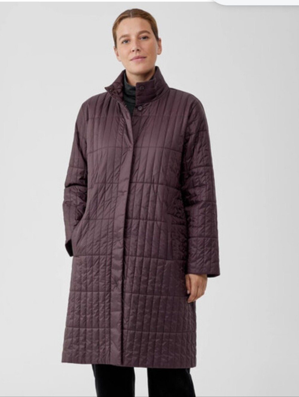 Quilted Long Coat in Deep Plum